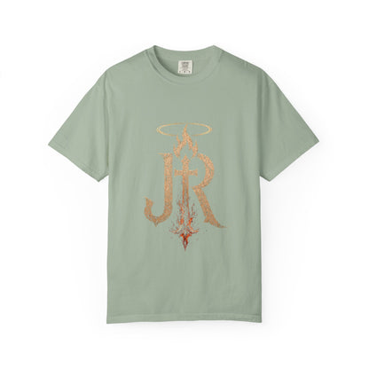 Light green t-shirt with decorative design on a white background