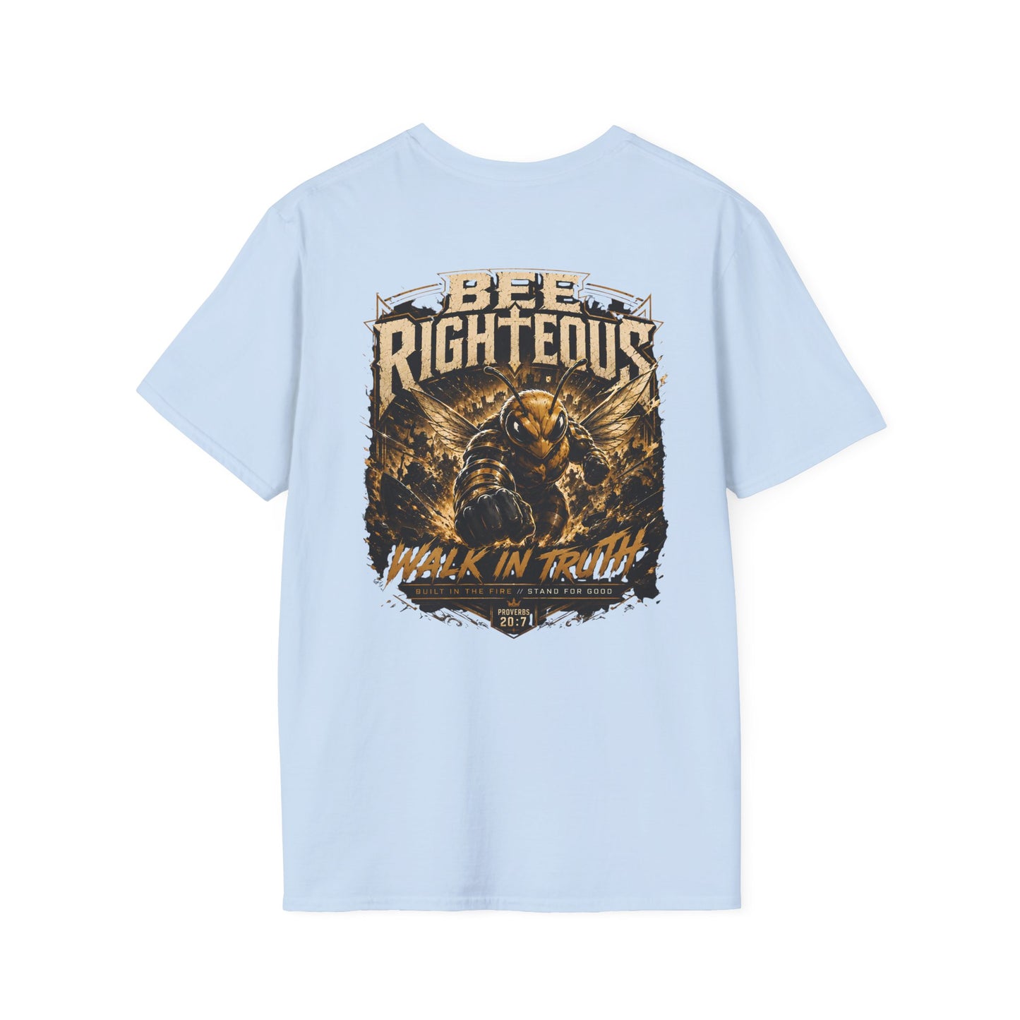 Light blue t-shirt with graphic design on the back featuring text and a bear-like creature.