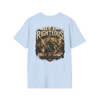 Light blue t-shirt with graphic design on the back featuring text and a bear-like creature.