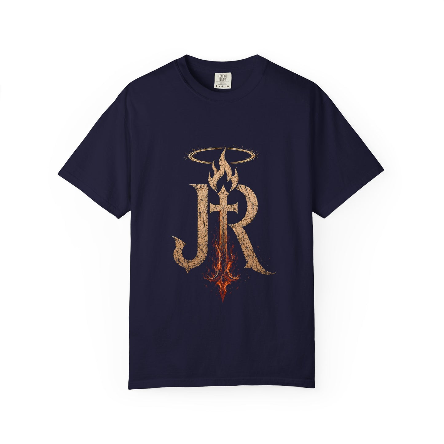 Navy blue t-shirt with 'I AM MADE NEW' text on a white background