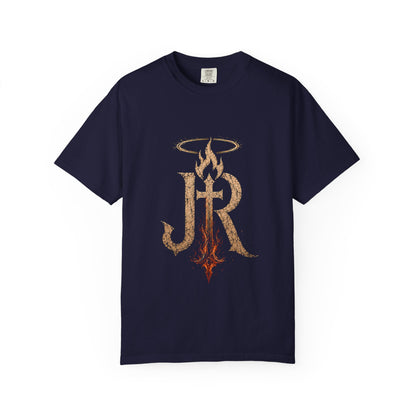 Navy blue t-shirt with 'I AM MADE NEW' text on a white background