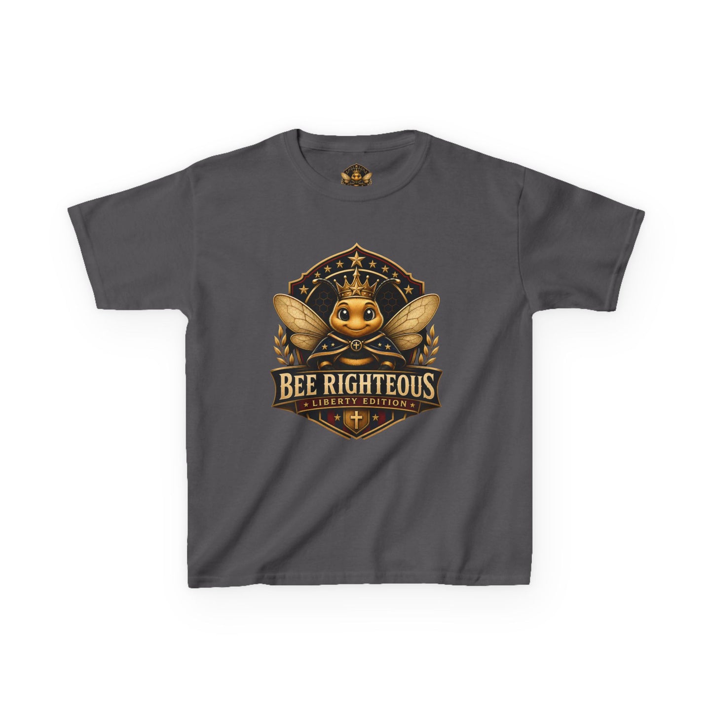 Gray t-shirt with a bee-themed graphic design on a white background
