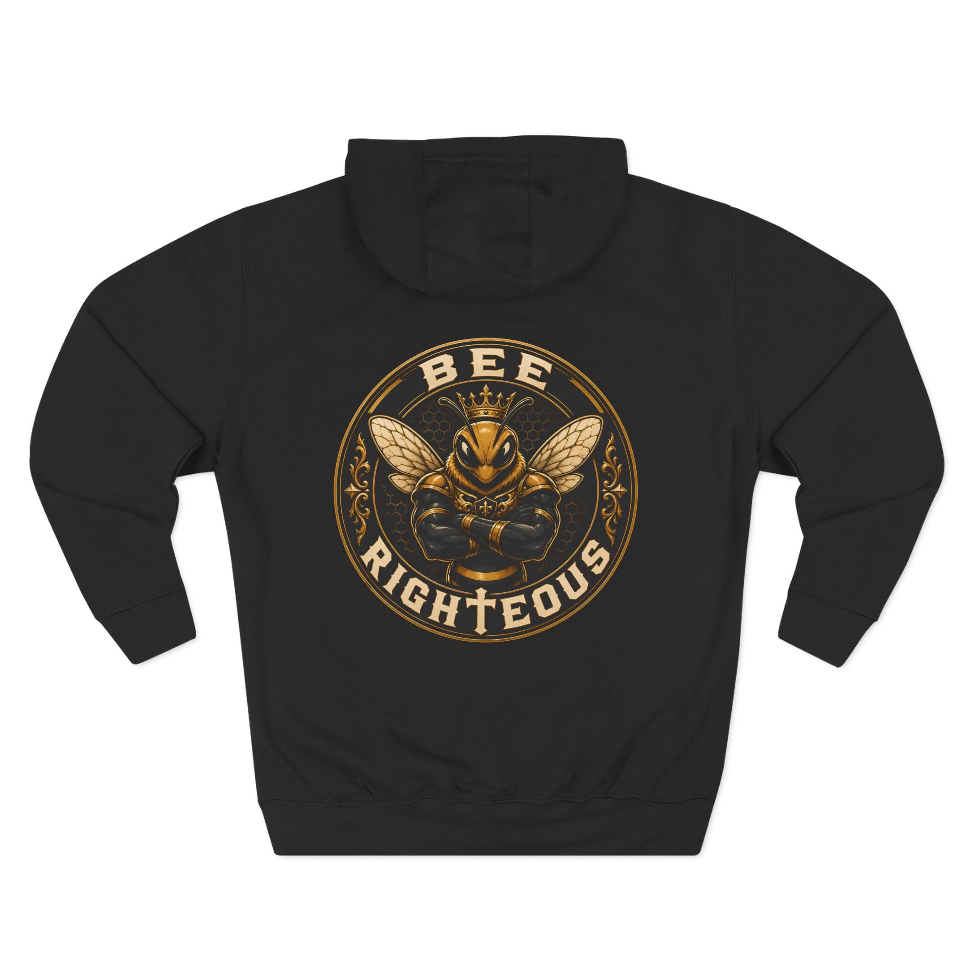 Black hoodie with a colorful frog design on the back against a white background