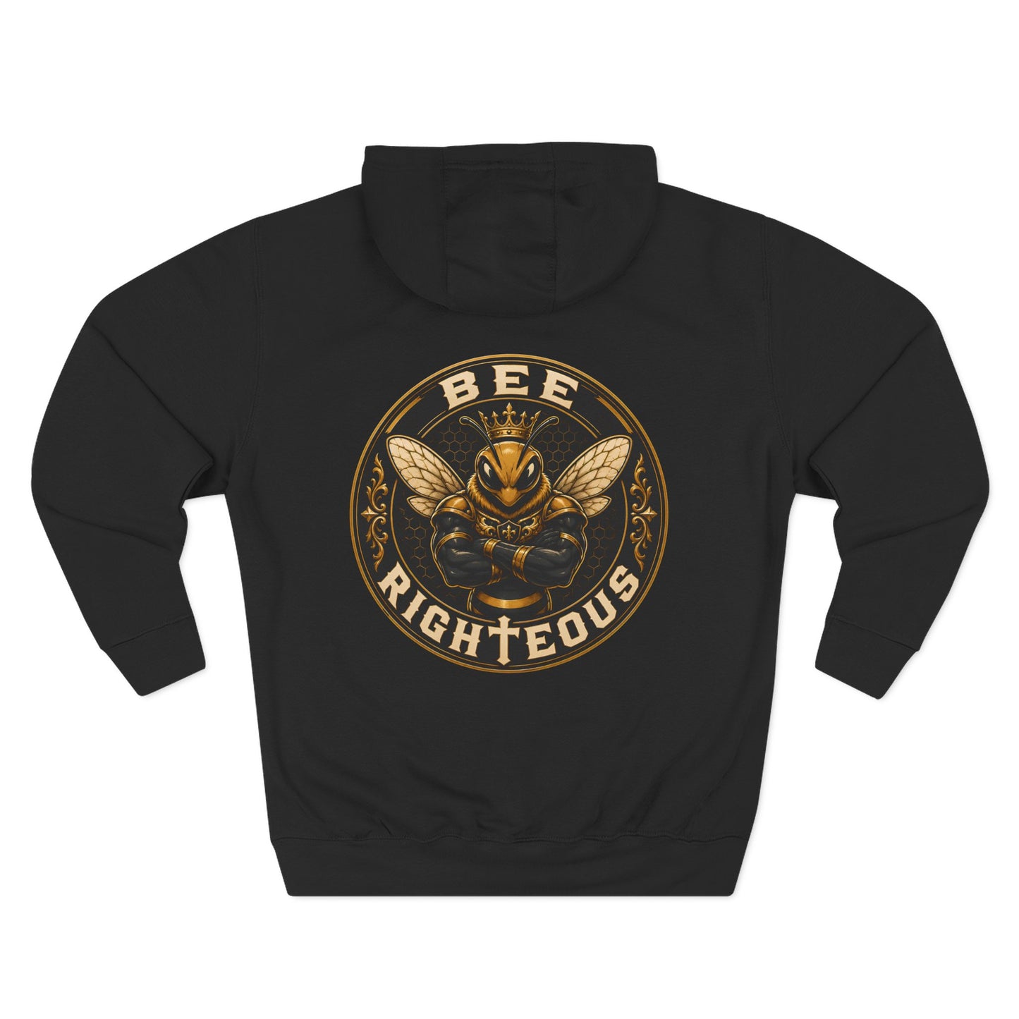 Black hoodie with a colorful frog design on the back against a white background