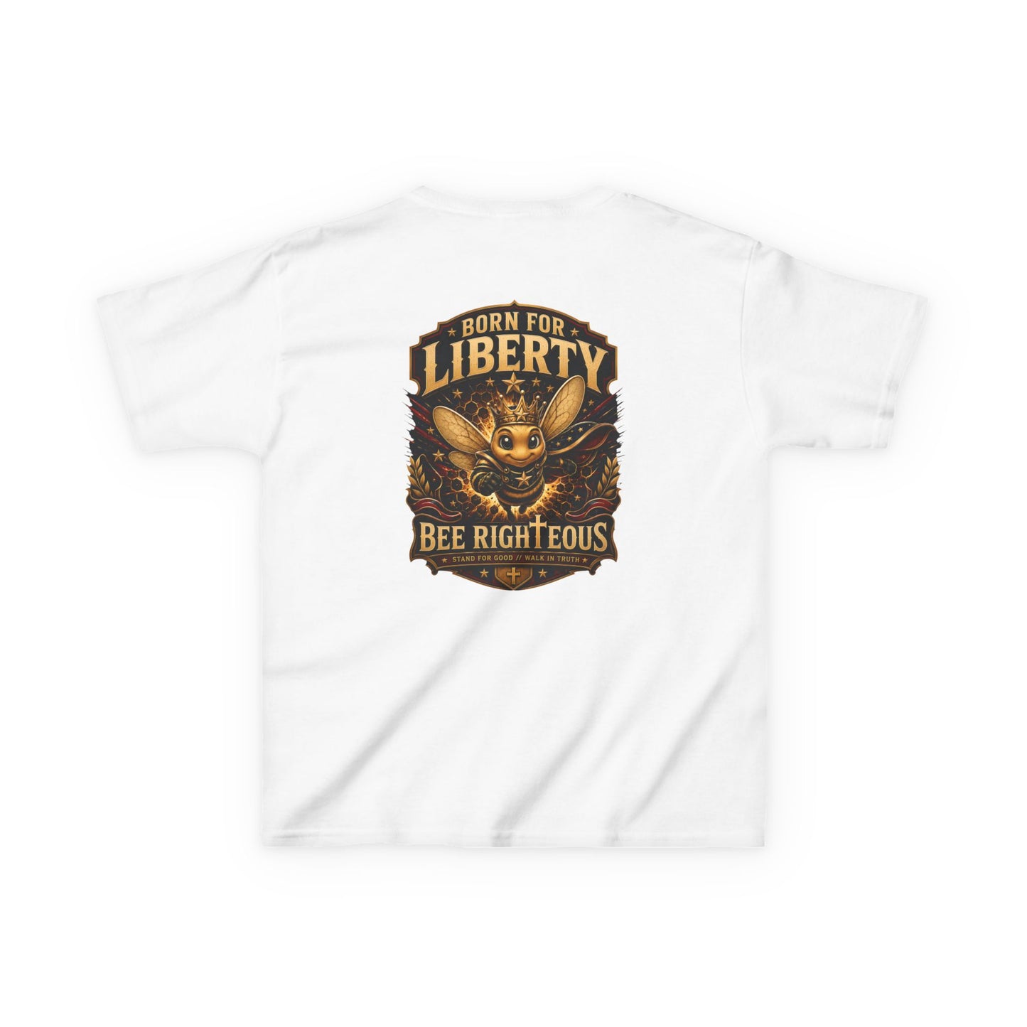 White t-shirt with a graphic design featuring a bee and text on a white background