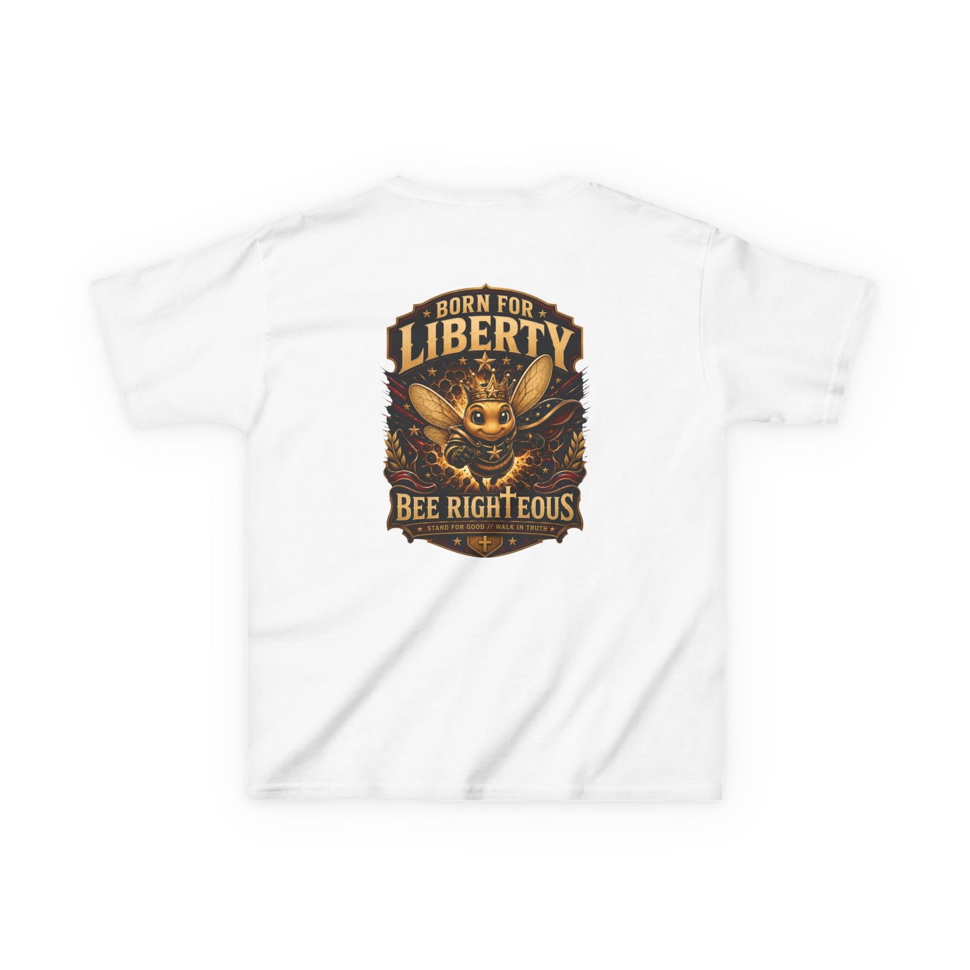 White t-shirt with a graphic design featuring a bee and text on a white background