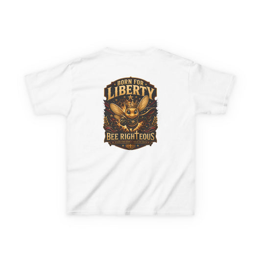 White t-shirt with a graphic design featuring a bee and text on a white background
