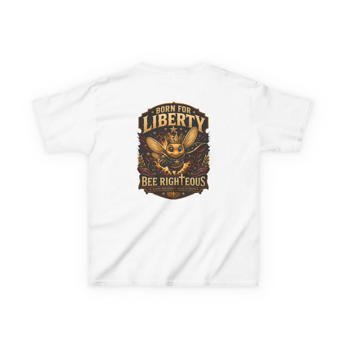 White t-shirt with a graphic design featuring a bee and text on a white background