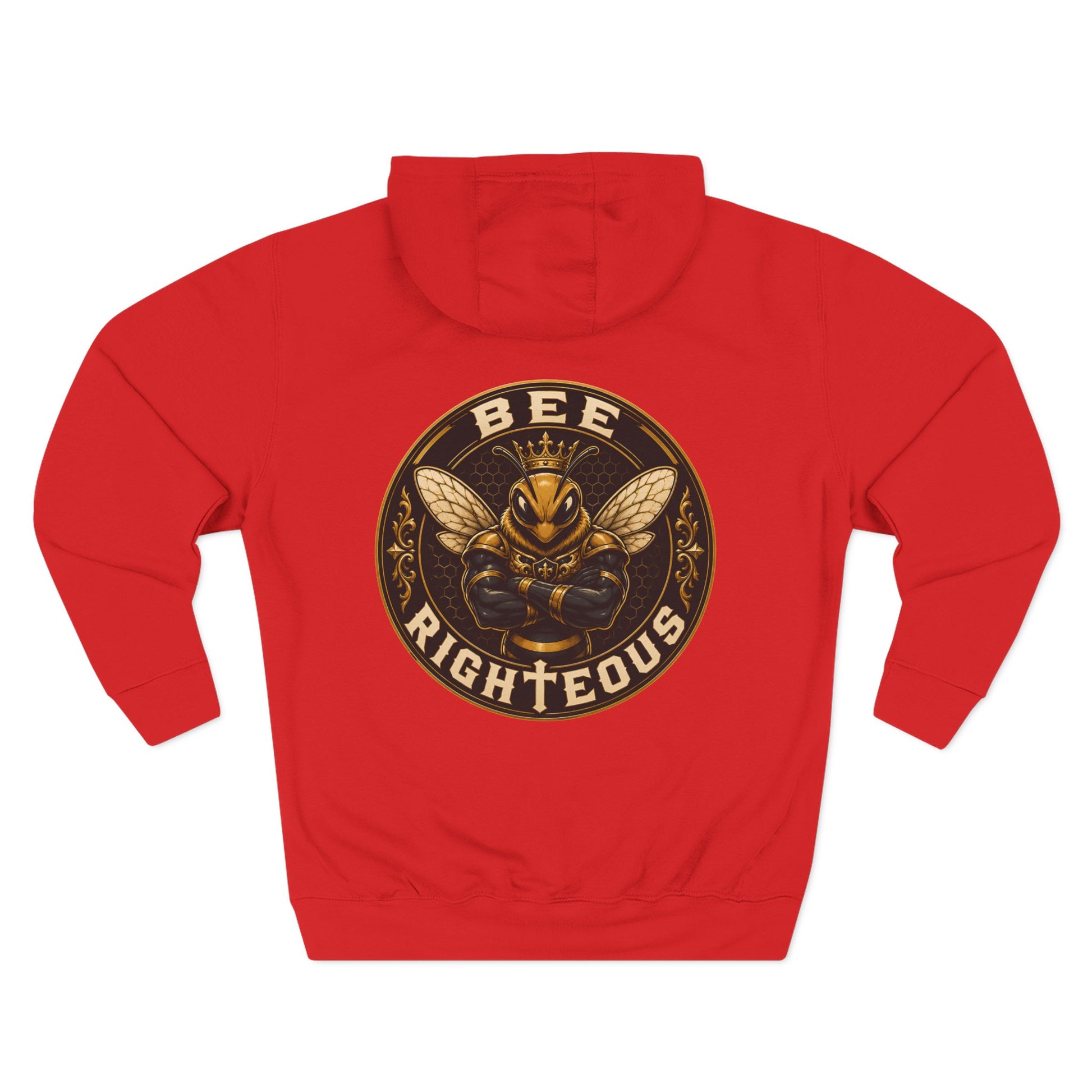 Red hoodie with a gold and black graphic design on the back