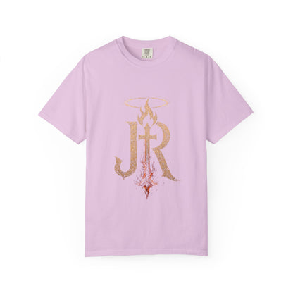 Pink t-shirt with gold and red design on a white background
