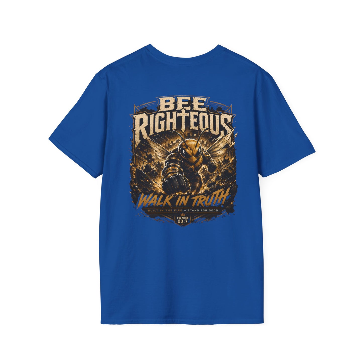 Blue t-shirt with graphic design and text on a white background
