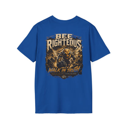 Blue t-shirt with graphic design and text on a white background