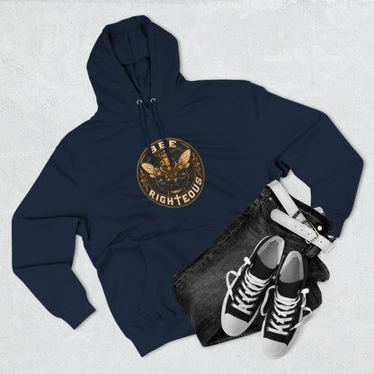 Navy hoodie with graphic design, black jeans, and black sneakers on a light gray background