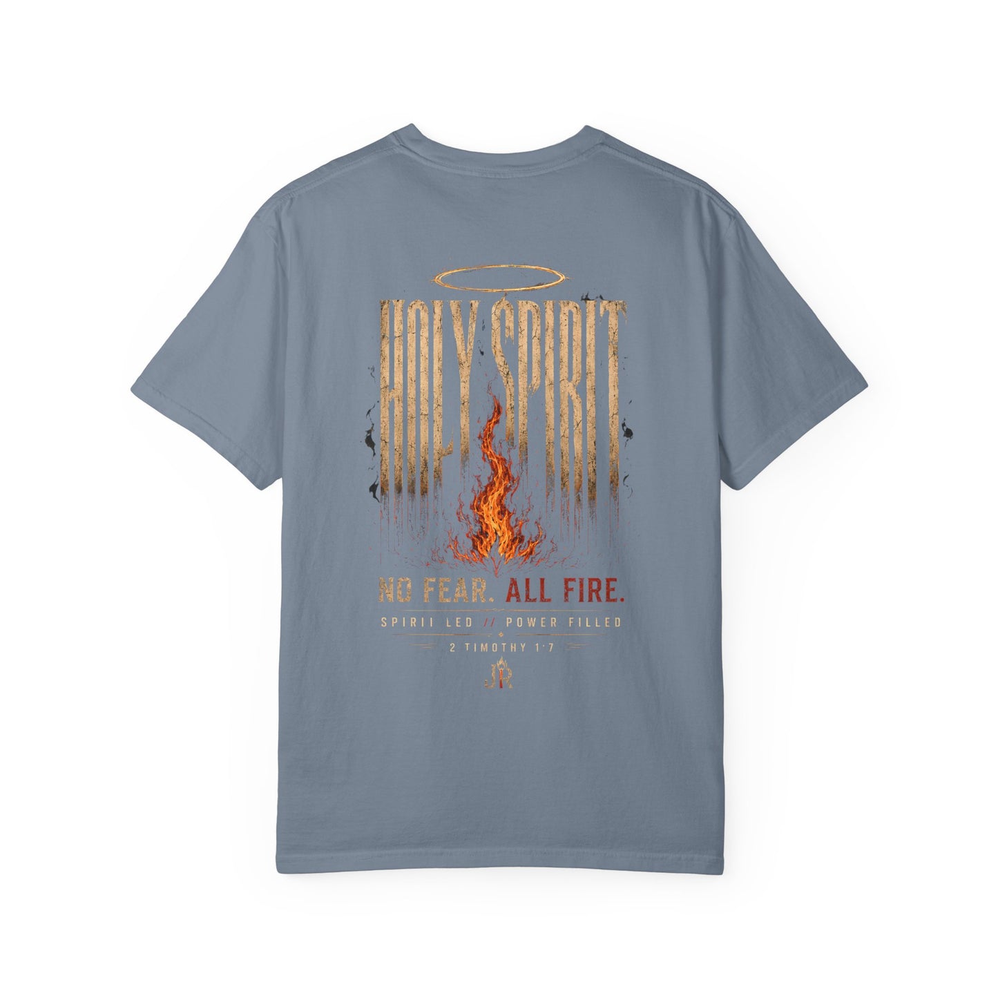 Gray t-shirt with 'Holy Spirit, No Fear. All Fire.' design on a white background