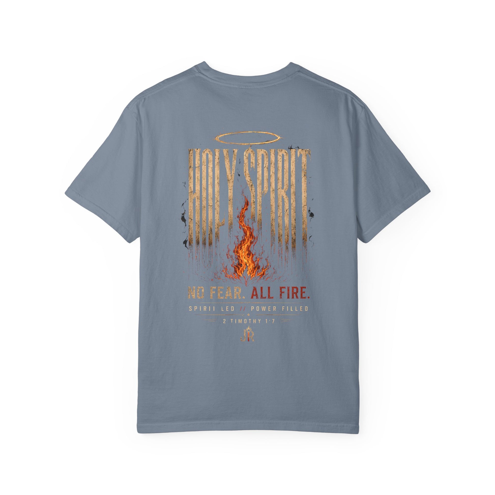 Gray t-shirt with 'Holy Spirit, No Fear. All Fire.' design on a white background