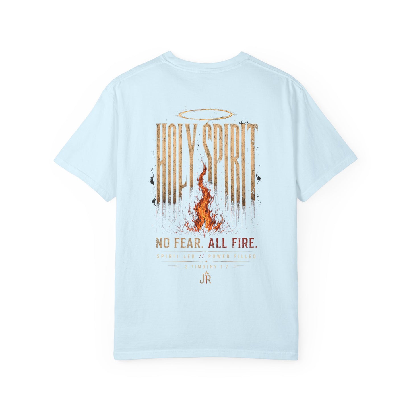 Light blue t-shirt with 'Holy Spirit' graphic and text on a white background