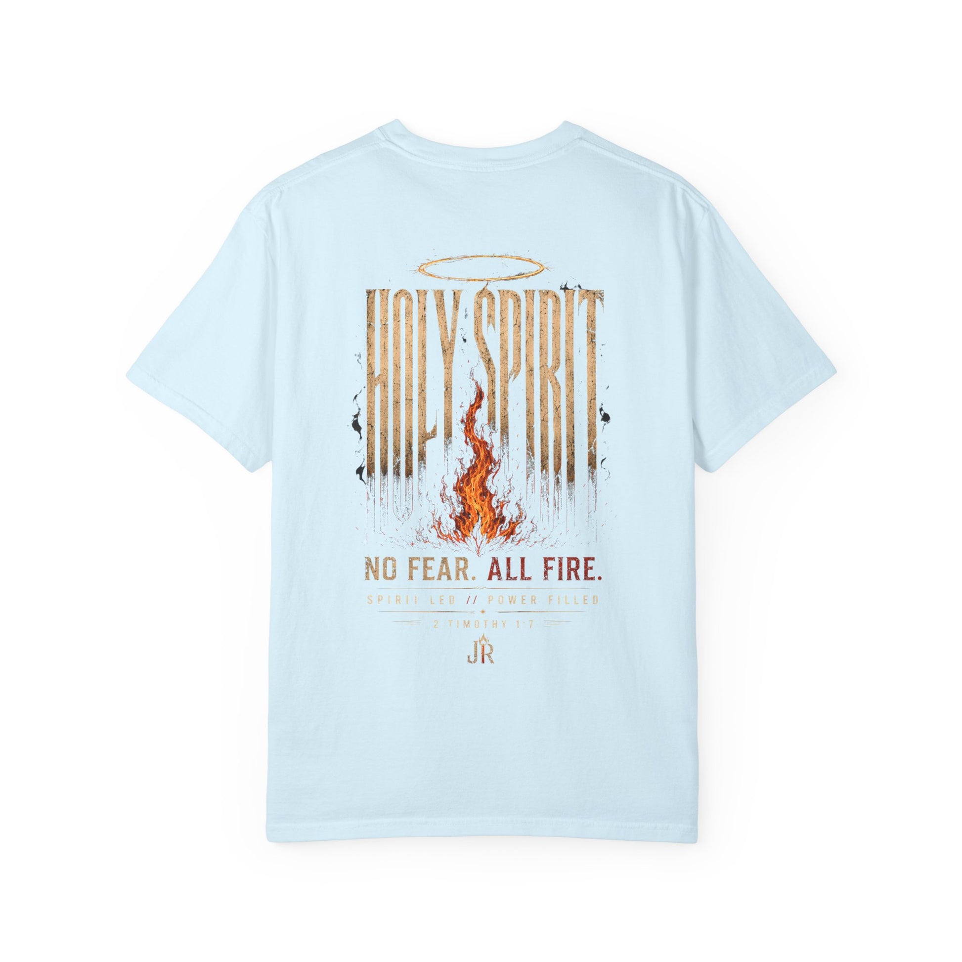Light blue t-shirt with 'Holy Spirit' graphic and text on a white background
