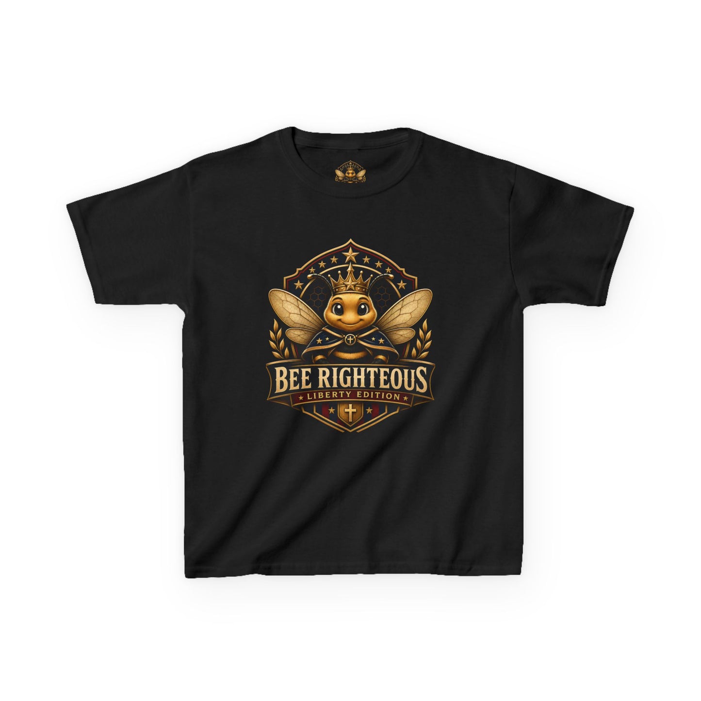 Black t-shirt with a gold graphic design featuring a bee and text on a white background