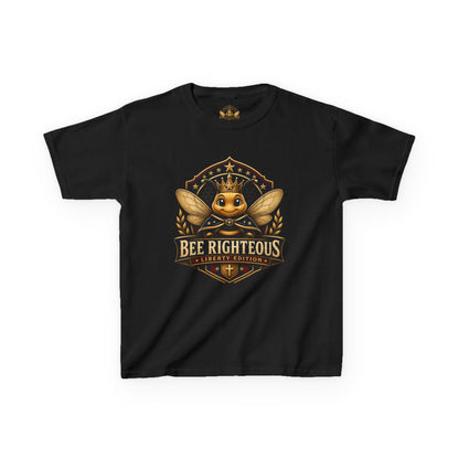 Black t-shirt with a gold graphic design featuring a bee and text on a white background