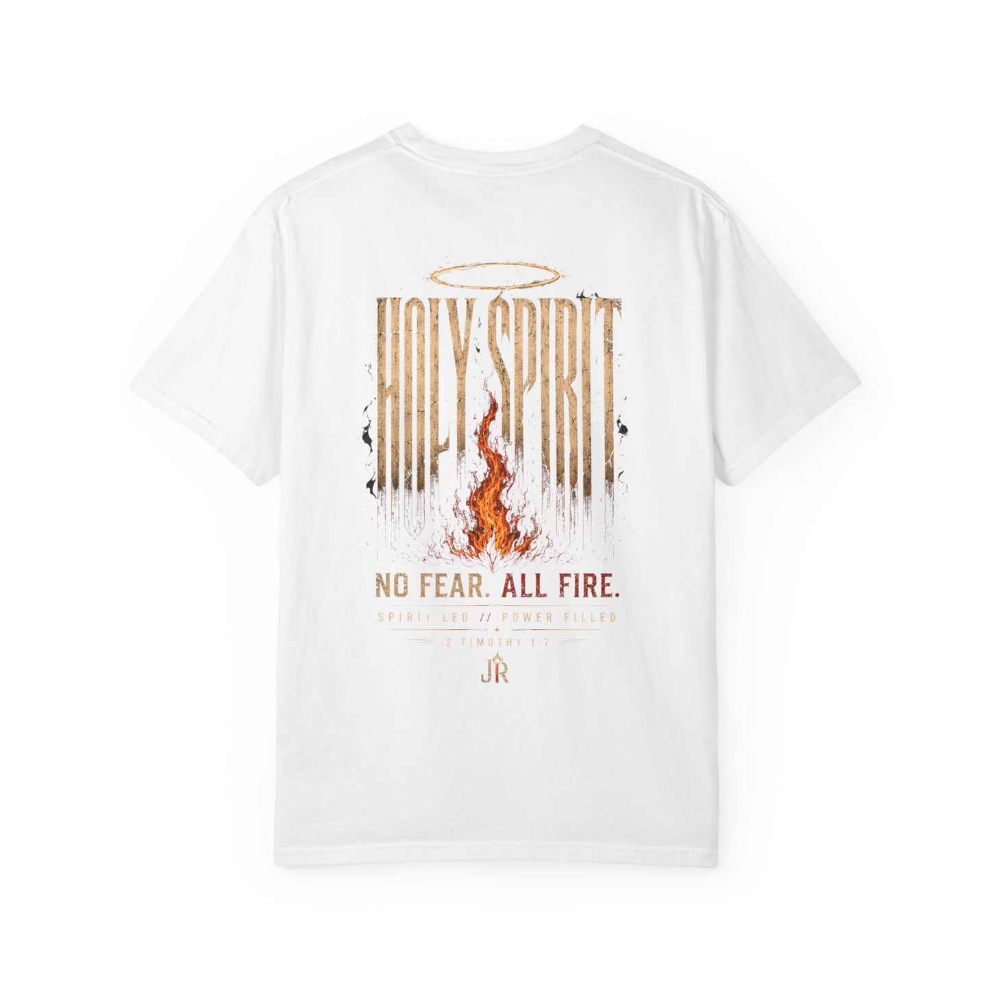 White t-shirt with 'Holy Spirit' graphic and text on a white background