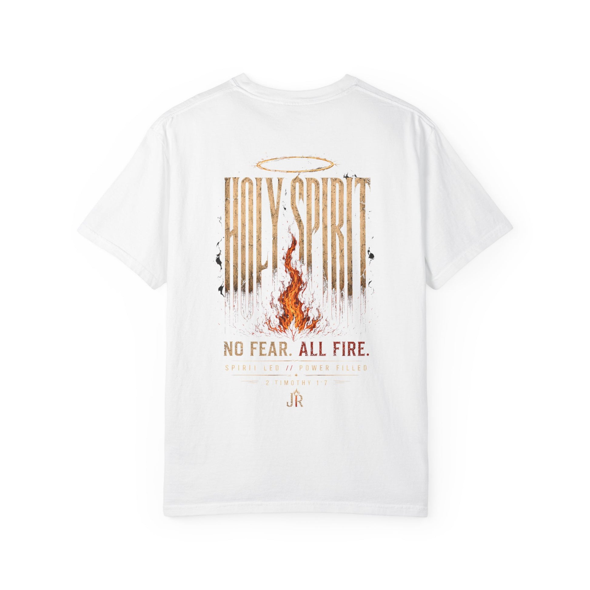 White t-shirt with 'Holy Spirit' graphic and text on a white background