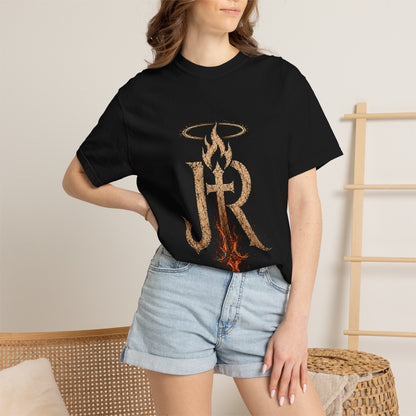 Person wearing a black t-shirt with a unique design, standing against a neutral background.