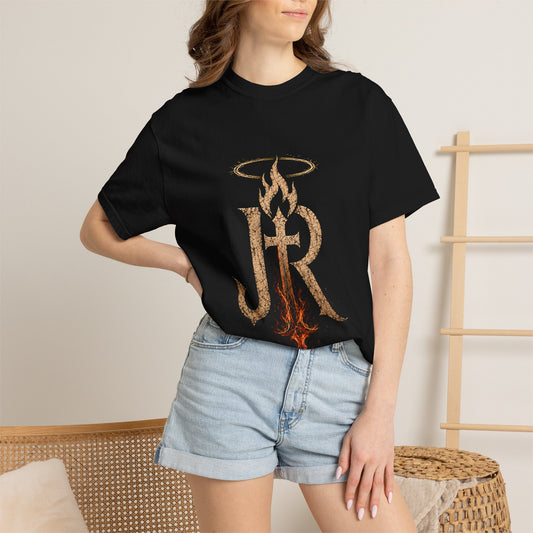 Person wearing a black t-shirt with a unique design, standing against a neutral background.