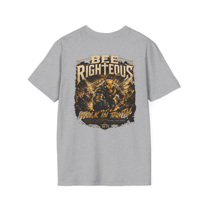 Gray t-shirt with graphic design and text on a white background