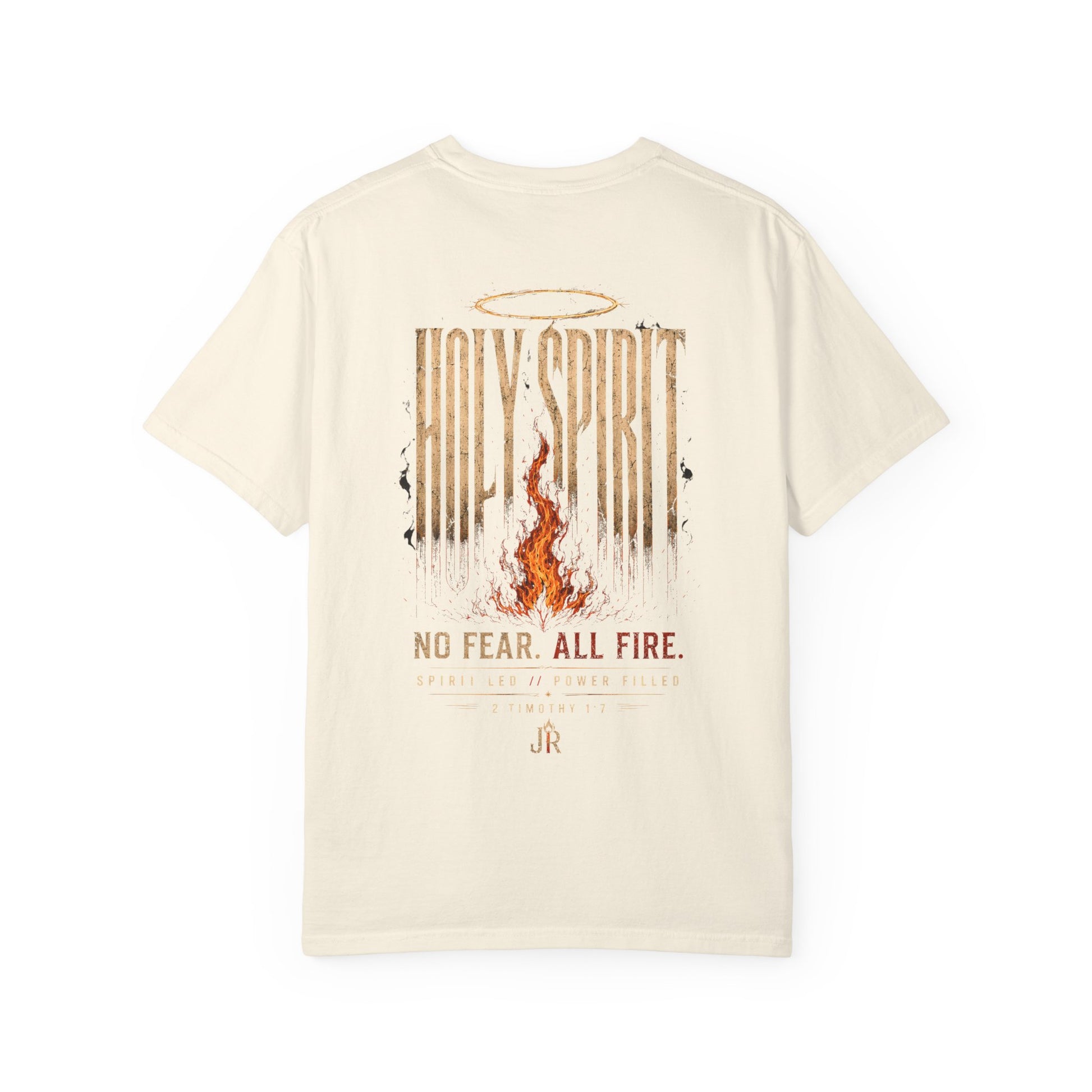 Beige t-shirt with 'Holy Spirit' graphic and text on a white background