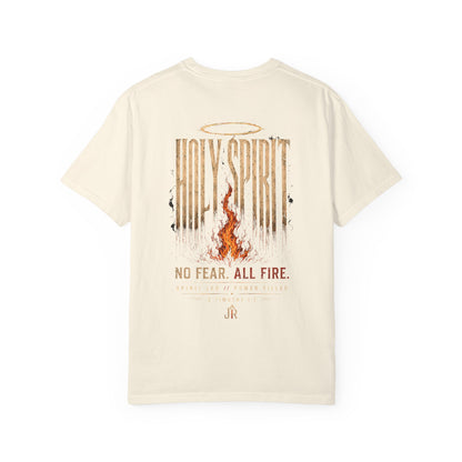 Beige t-shirt with 'Holy Spirit' graphic and text on a white background