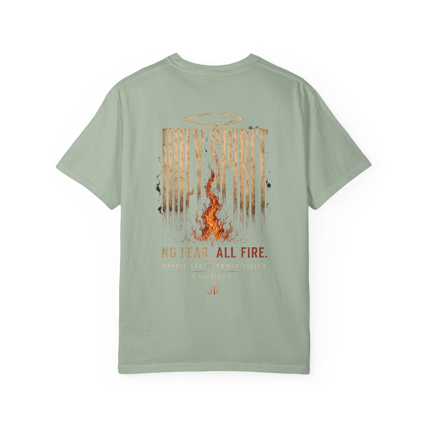 Light green t-shirt with a graphic design on the back featuring text and flames.