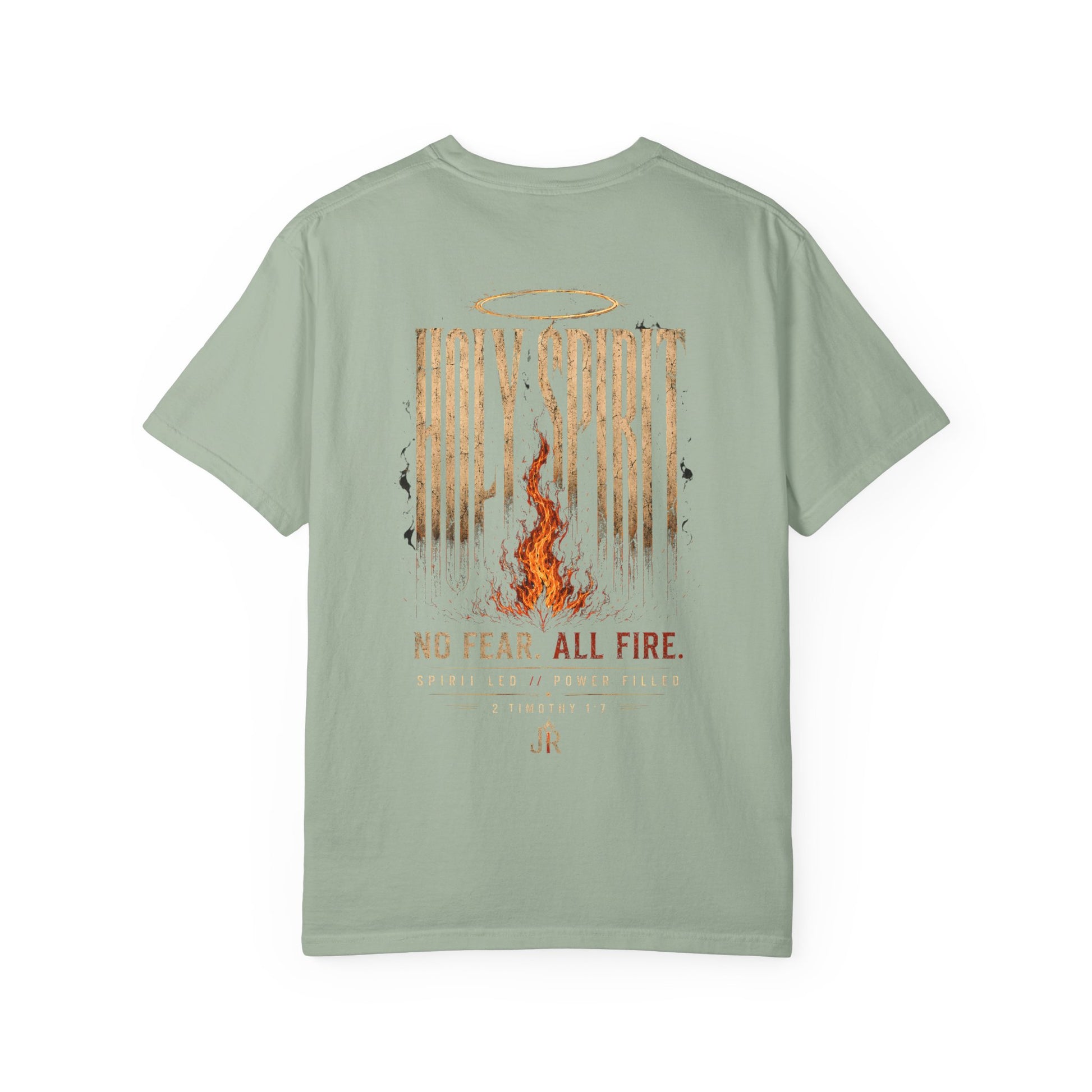 Light green t-shirt with a graphic design on the back featuring text and flames.