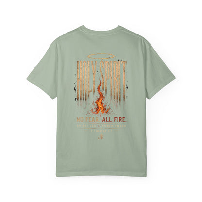 Light green t-shirt with a graphic design on the back featuring text and flames.