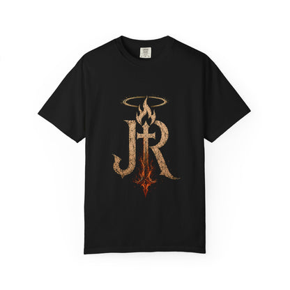 Black t-shirt with mountain graphic and text on a white background
