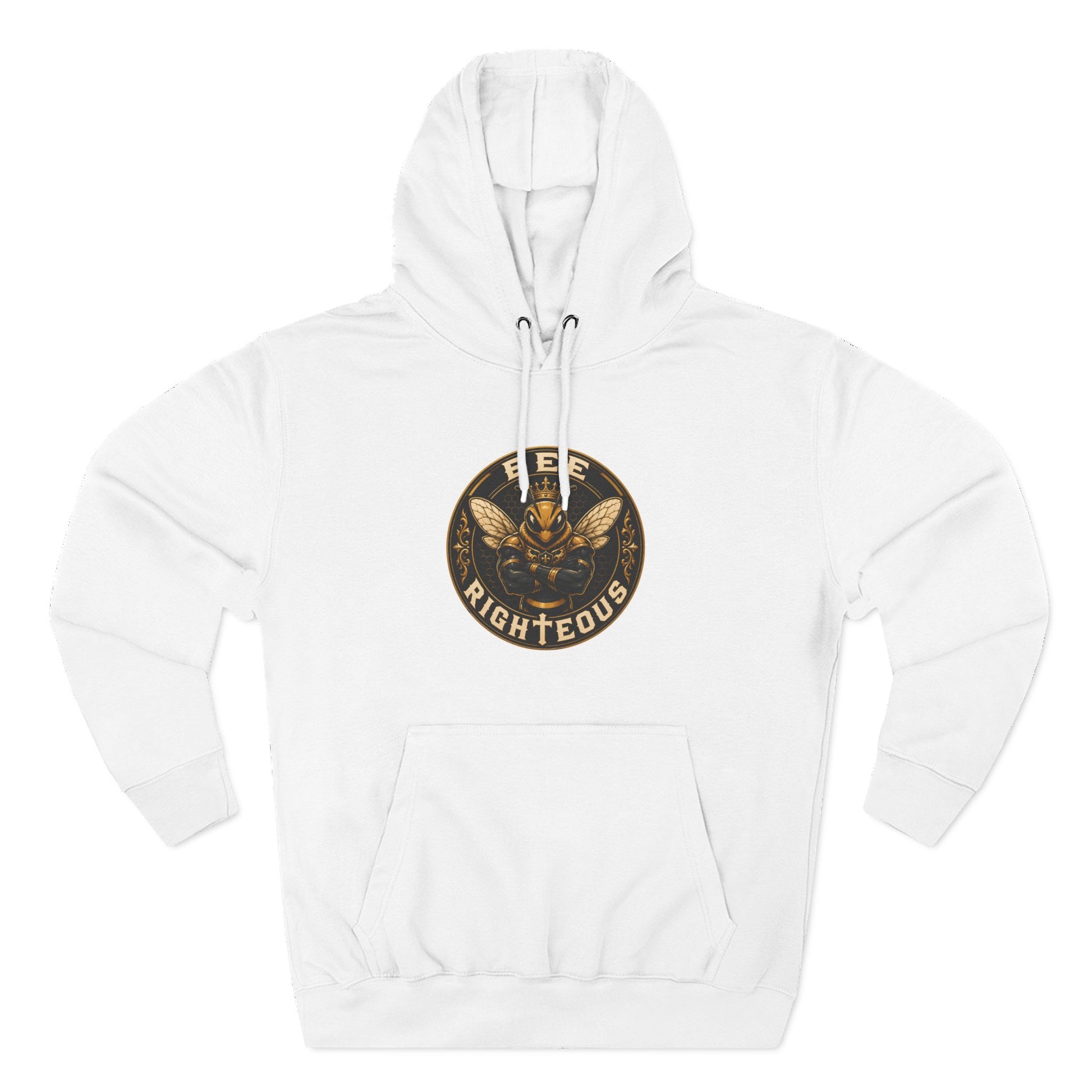 White hoodie with a gold and black logo on a white background