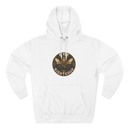 White hoodie with a gold and black logo on a white background