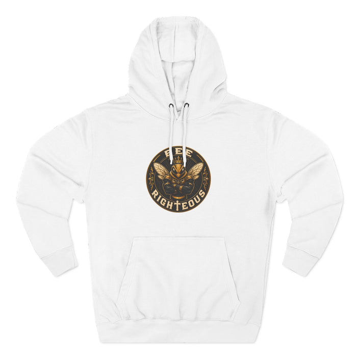 White hoodie with a gold and black logo on a white background
