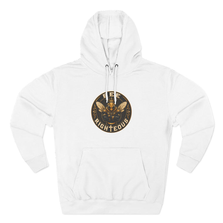 White hoodie with a gold and black logo on a white background