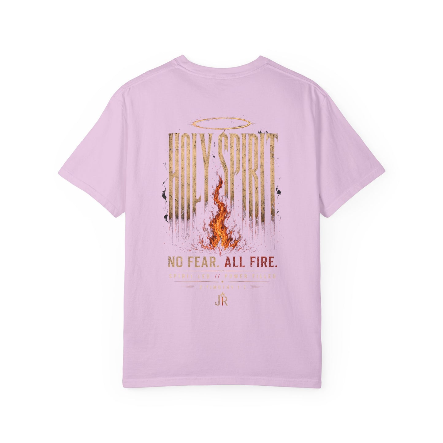 Pink t-shirt with 'Holy Spirit No Fear. All Fire.' design on a white background
