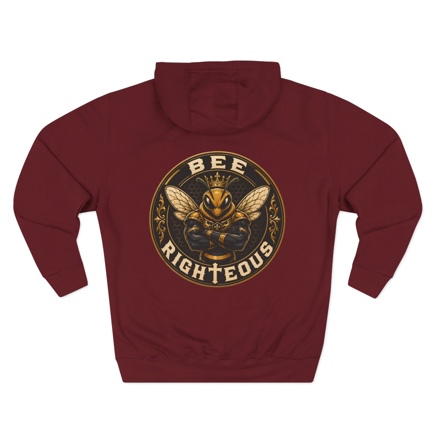 Maroon hoodie with a gold and black graphic design on the back