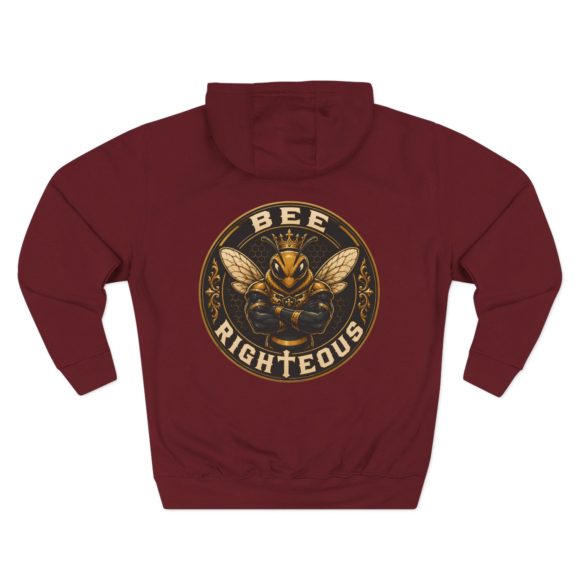 Maroon hoodie with a gold and black graphic design on the back