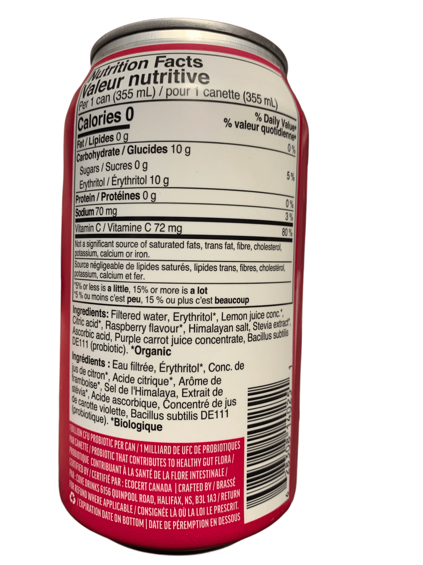 Cove Prebiotic Raspberry Flavoured Soda 355ML - Canadian Edition