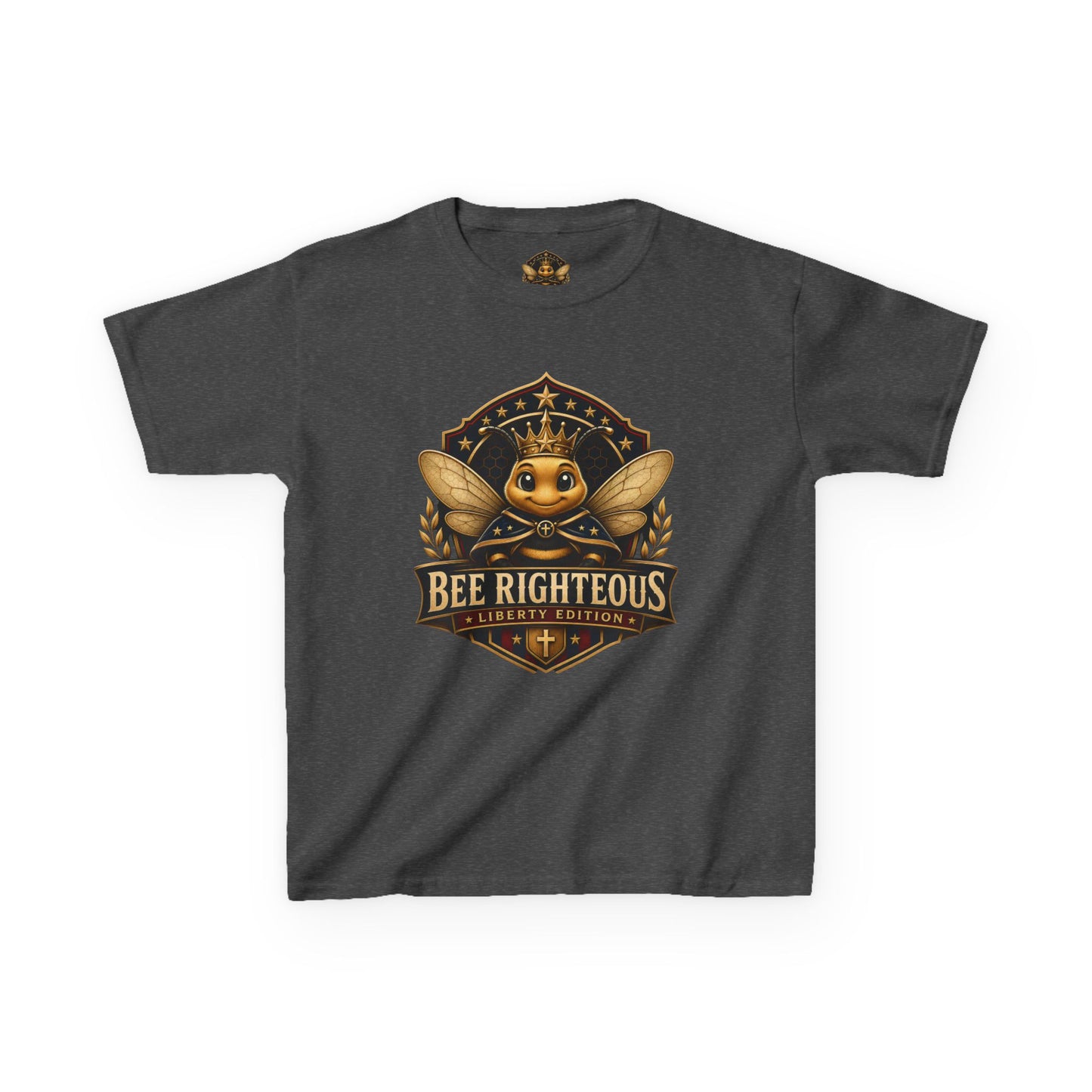 Dark gray t-shirt with a gold and brown graphic design on a white background