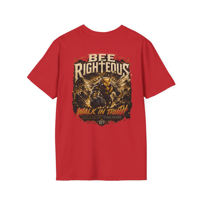 Red t-shirt with graphic design and text on a white background