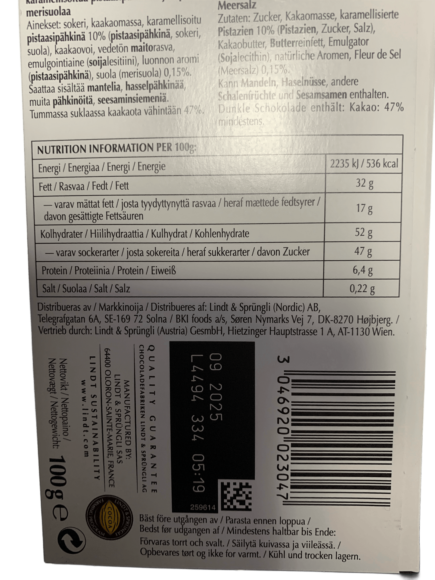 Lindt Excellence Pistachio Dark Chocolate 100G - French Edition