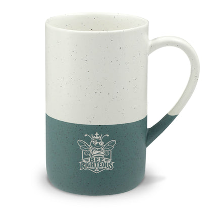 A ceramic coffee mug with a two-tone design, featuring a speckled white upper half and a speckled gray lower half with a white printed logo of a moose and the text 'DIVING MOOSE coffee'.