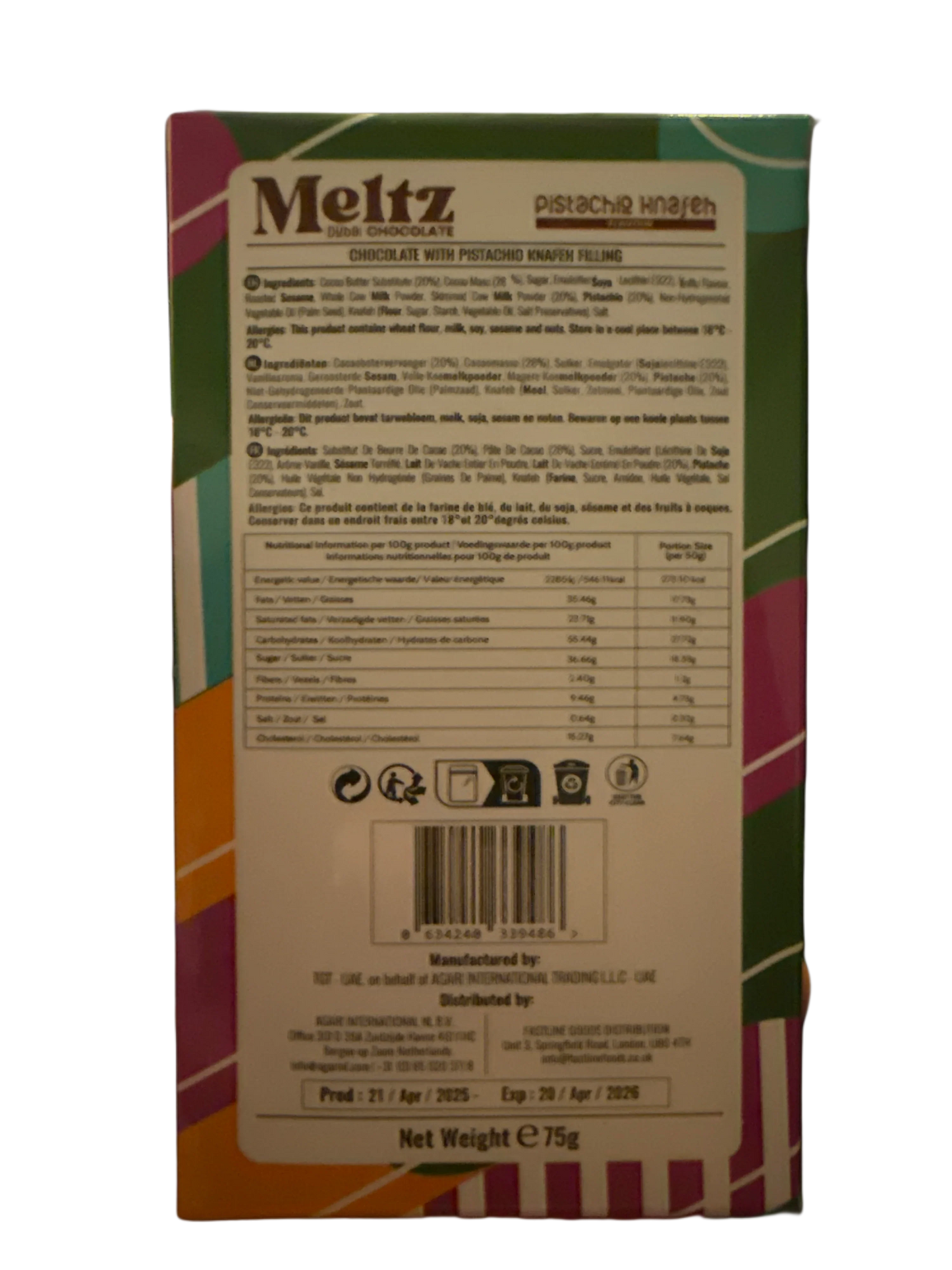 Meltz Dubai Chocolate Pistachio Knafeh Flavour 75G - Dubai Edition