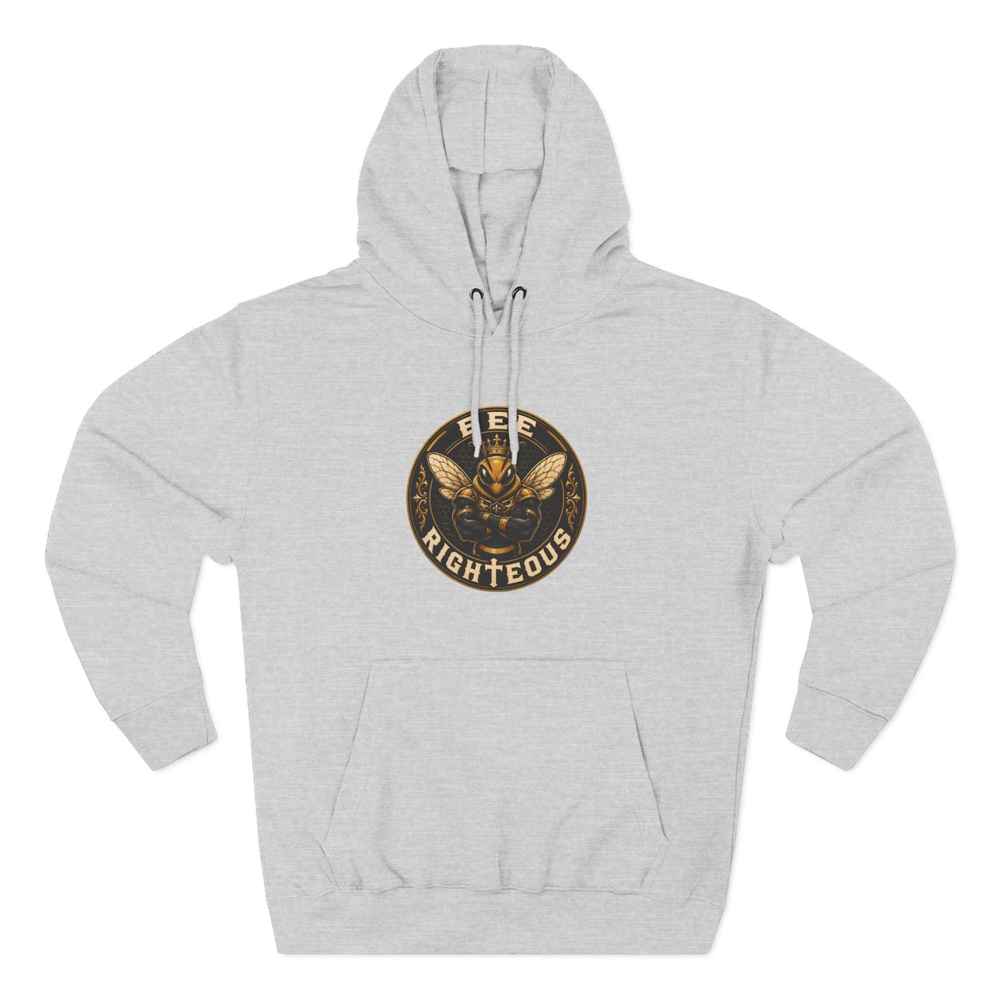 Gray hoodie with a gold and black logo on a white background