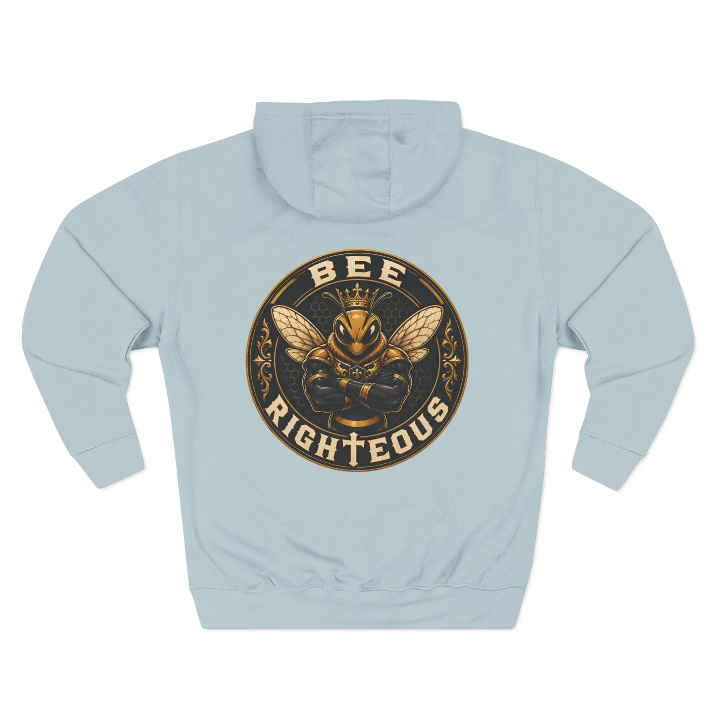 Light blue hoodie with a bee-themed graphic and text on the back against a white background