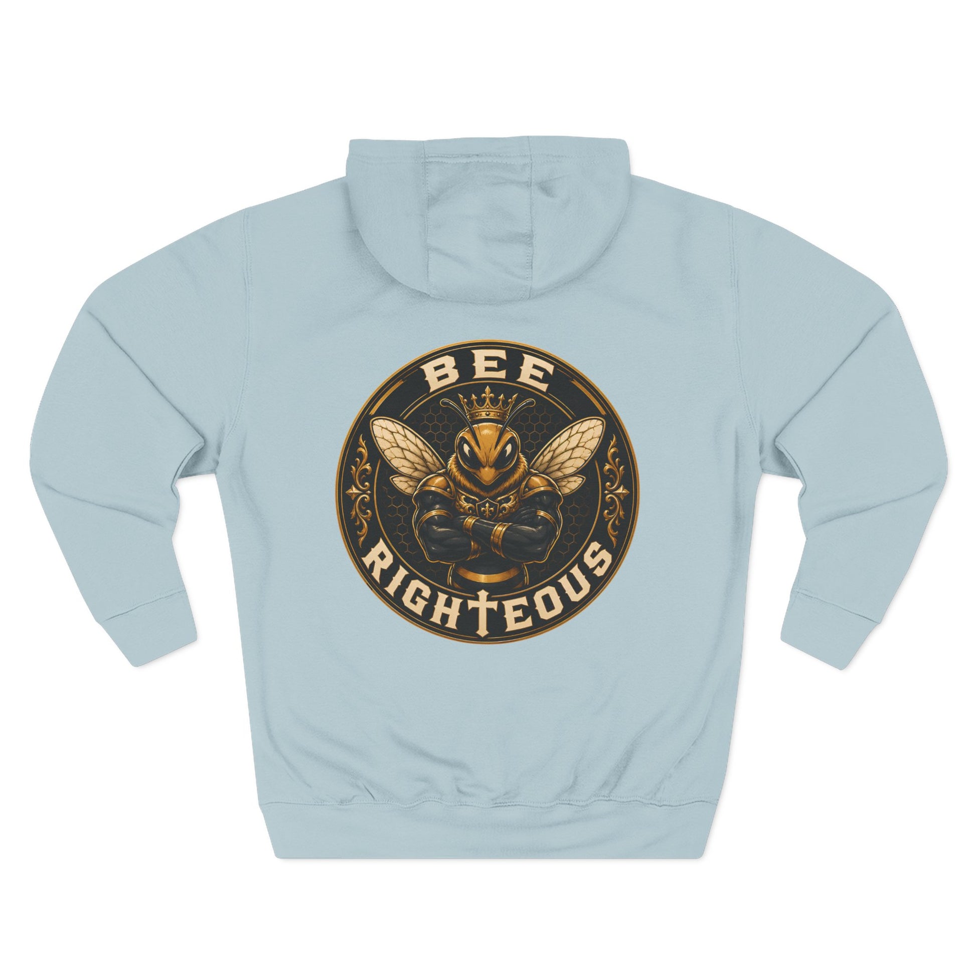 Light blue hoodie with a bee-themed graphic and text on the back against a white background
